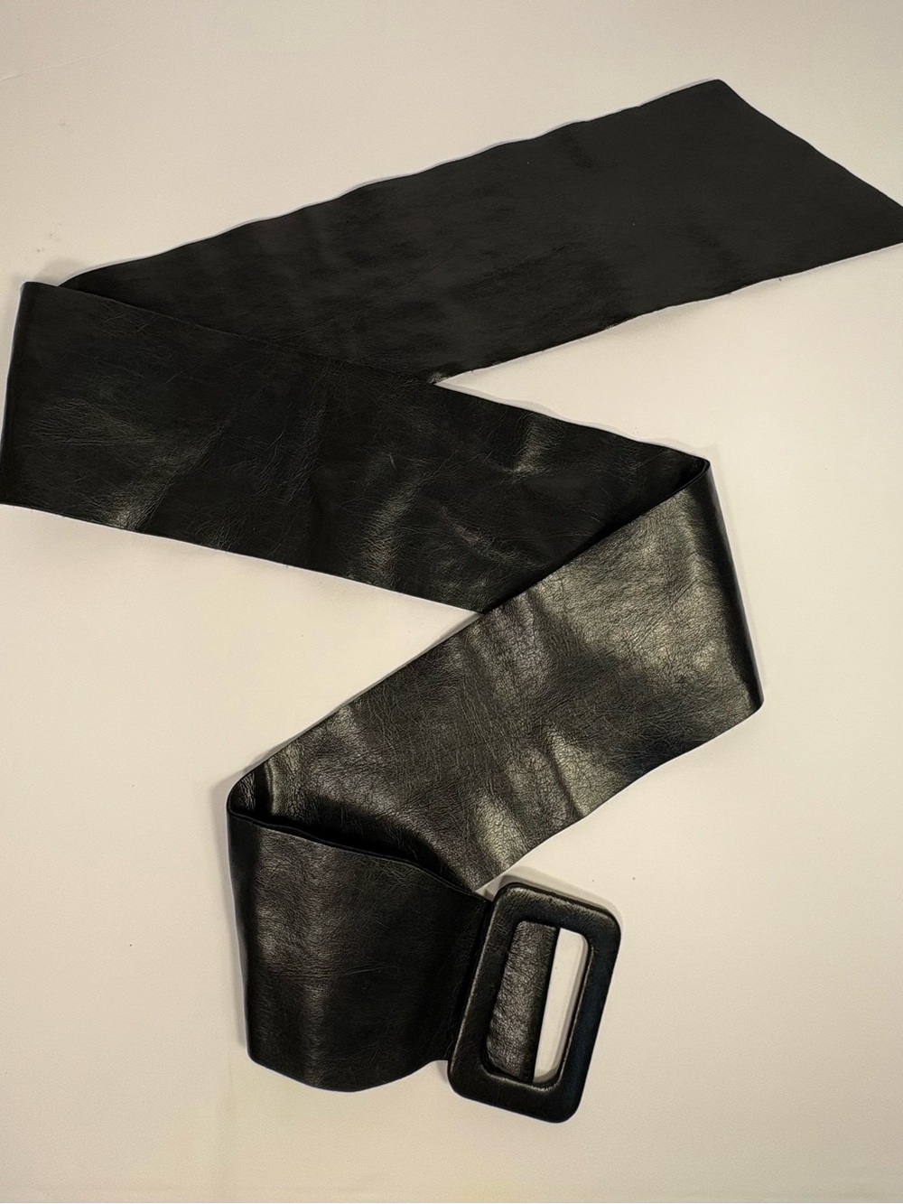 Black Faux Leather Wrap Belt with Rectangular Buckle *Slight Splitting of Layers